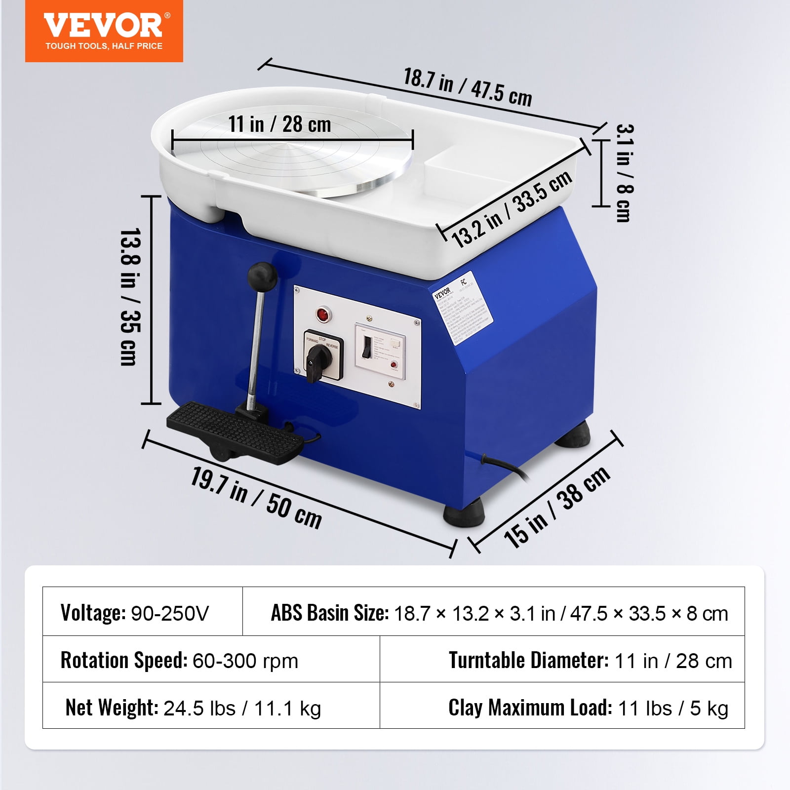 VEVOR Pottery Wheel for Adults and Beginners, 350W, 11in Clay Wheel Forming Machine, Adjustable 0-300RPM Speed Handle and Pedal Control, ABS Detachable Basin, Accessory Kit for Craft DIY, Blue