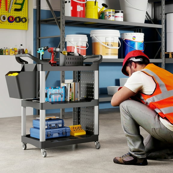 HOMCOM 3-Tier Rolling Tool Cart, 200 LBS Capacity Plastic Utility Cart with Side Shelf and Storage Bucket for Garage, Workshop, Black and Light Gray