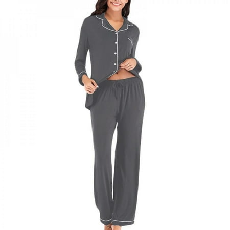 

[BRAND BIG PROMOTION]Women s V-neck Long Sleeve Trousers Pajamas Suit Gray 2XL Size