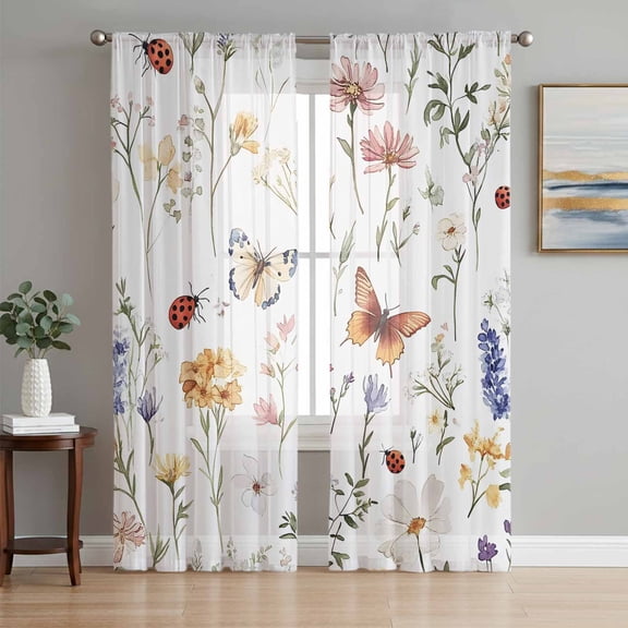 Spring Butterfly Floral Sheer Curtains 72 Inch Length 2 Panels Set, Pastoral Botanical Watercolor Voile Window Treatment Rod Pocket Curtains Sheers Drapes for Bedroom/Living Room/Kitchen 52"x72"x2