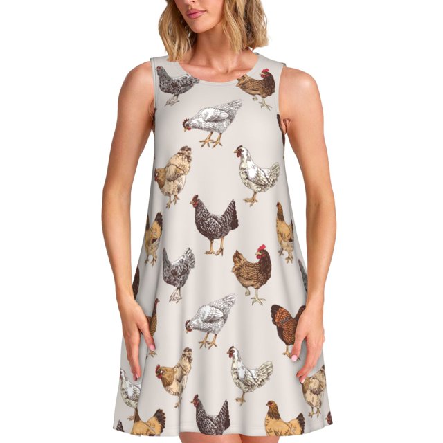 Balery Various Chicken Vestidos de verano para mujer con estampado: vestido holgado sin mangas, vestido playero informal y cómodo para días calurosos.