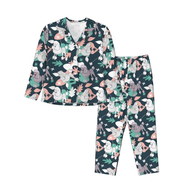 Balery Cute Poodle Dog Conjunto de Pijama con Estampado para Mujer, Conjunto de Dos Piezas con Manga Larga, Ropa de Dormir Suave con Bolsillos, Pijamas Cómodos-XX-Large