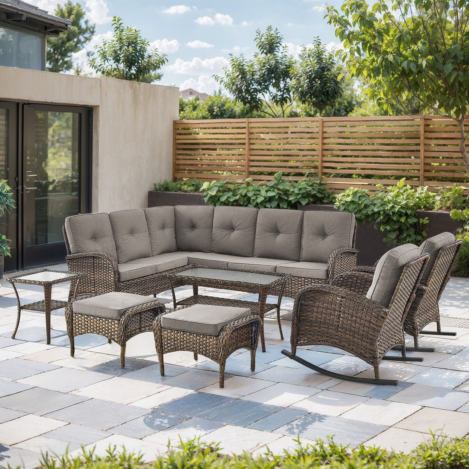 PARKWELL 8-Piece Outdoor Sectional Furniture Set,Patio Wicker L Shaped Couch High Back Conversation Set with Coffee Table Rocking Chair for Garden Yard,Brown Wicker Gray Cushion