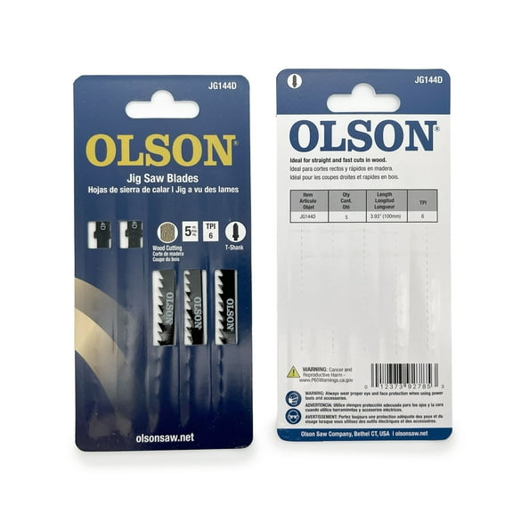 OLSON Jigsaw Blades, 5-Piece, 100mm 6TPI, T-Shank, Fast Straight Cuts in Wood (JG144D)