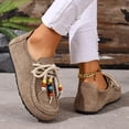 thumbnail image 2 of Suede Moc Toe Loafers for Women Beaded Lace Up Casual Shoes Comfortable Wide Toe Box Slip On Flats Daily Work Walking Shoes Brown Size 6, 2 of 7