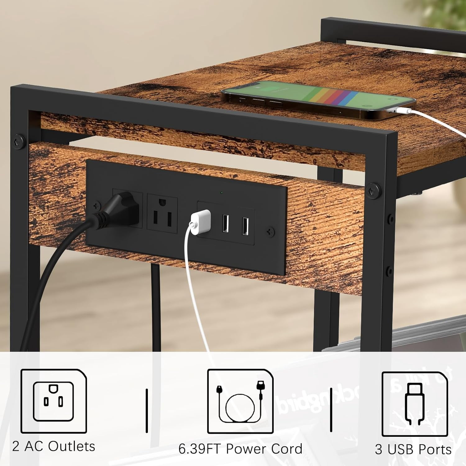 2-Tier End Table Record Player Stand with Charging Station and Vinyl Storage Shelf, Brown