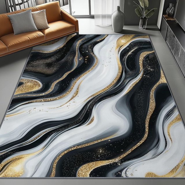 Washable Area Rug 8 X 10 ft, Lightweight Low-Pile Abstract Fluid Art Luxury Style Printed Area Rug, Kitchen Indoor Non Slip Carpet Floral Black Gold Print Mat Living Room Bedroom Dining Room