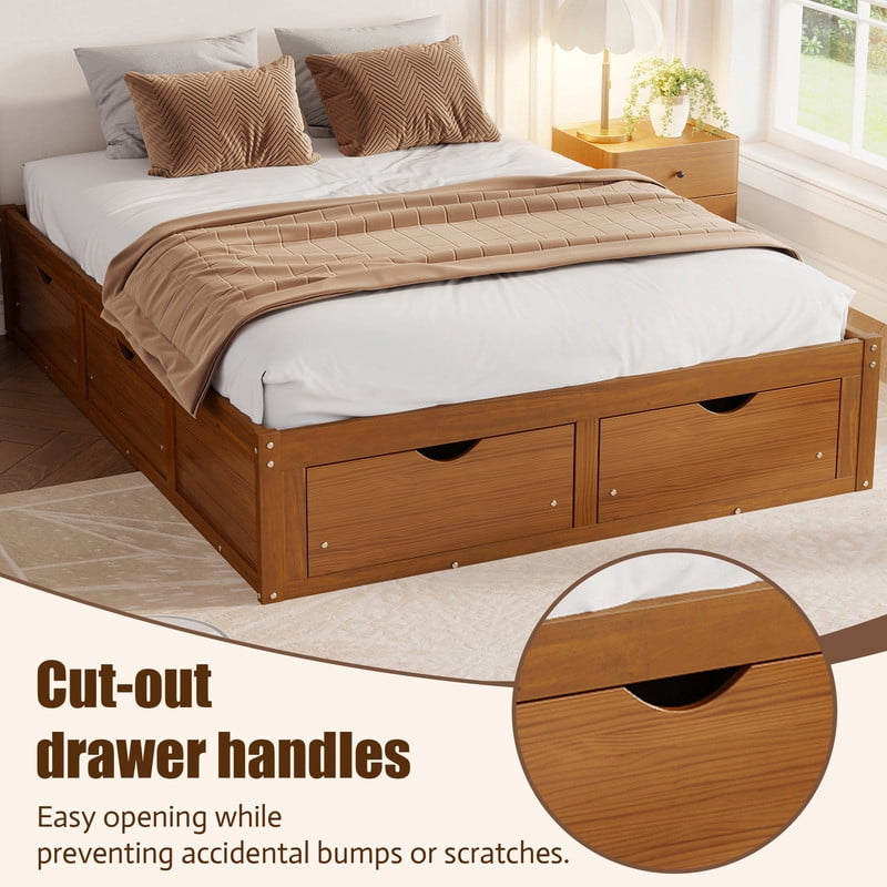 Queen/King Size No Box Spring Required Platform Bed with No Headboard, Wooden Storage Bed Frame with 6 Drawers