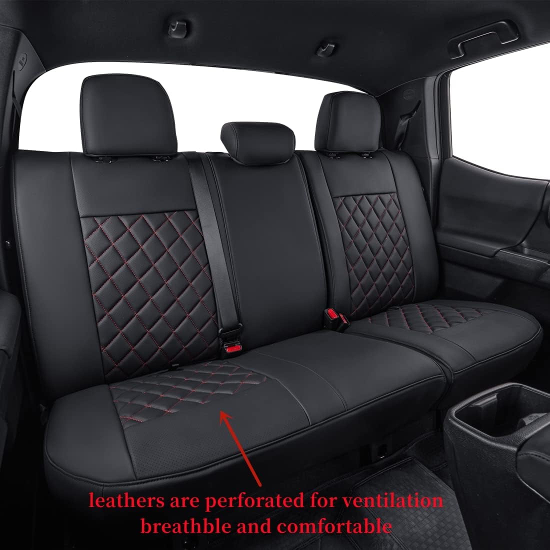 coverdream 2nd Gen Tacoma Seat Covers Custom Fit for 2012-2015 Toyota Tacoma Double Cab/Crew Cab Base (Regular Seats) - Breathable Leather (Full Set, Black/Red)