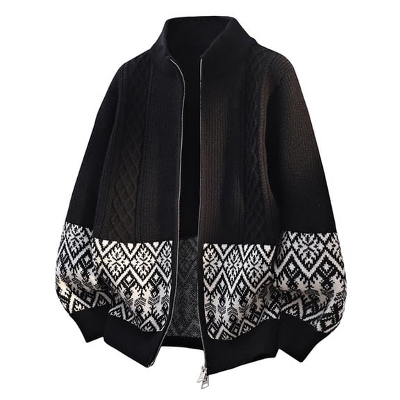 IROINNID Men's Full Zip Stand Collar Cardigan Sweater Cable Knit Fair Isle Jacquard Hem Two Way Zipper Casual Winter Warm Layering Top