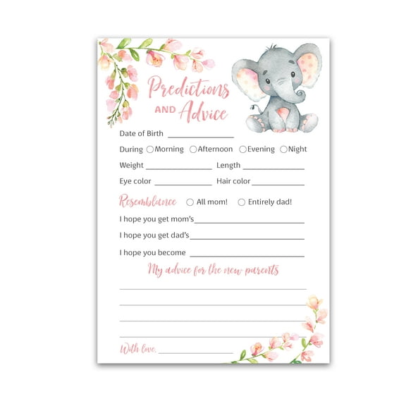 PINK ELEPHANT Prediction and Advice Cards - Pack of 25 - GIRL Baby Shower Games, New Parents, Mom & Dad to be Mommy & Daddy Message, Wishes, Couples Shower Activity Keepsake Book Floral G530-PDAV