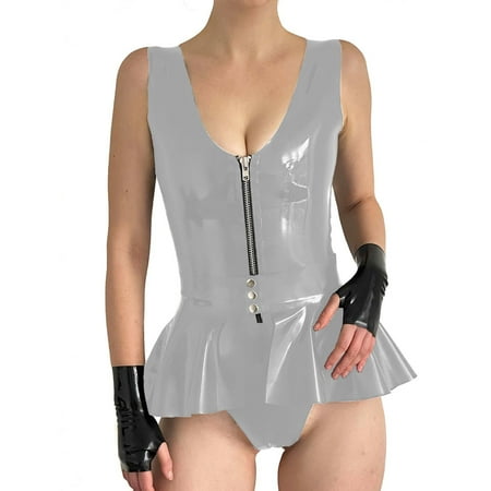 Women Sexy Patent Leather Bodysuit Party Sleeveless PVC Rompers with Skirted Belt V-neck Zipper Playsuit