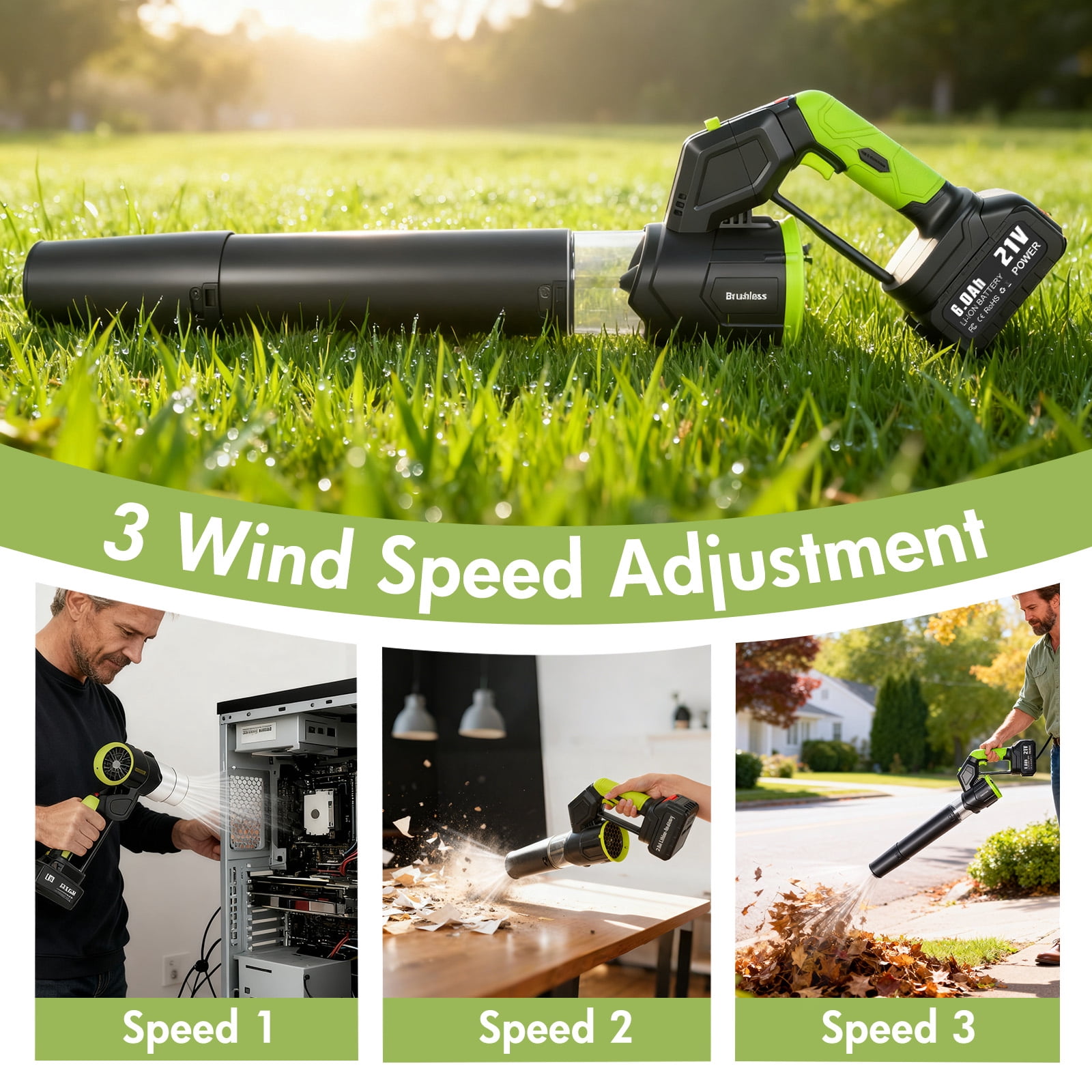 BAOKALER Cordless  Leaf Blower, 21V Leaf Blower with 2 X 6.0Ah Batteries & Charger, Up to 600CFM/130MPH, 3 Variable Speed, 180° Adjustable Tube LED Display for Blowing Leaves, Patio Cleaning