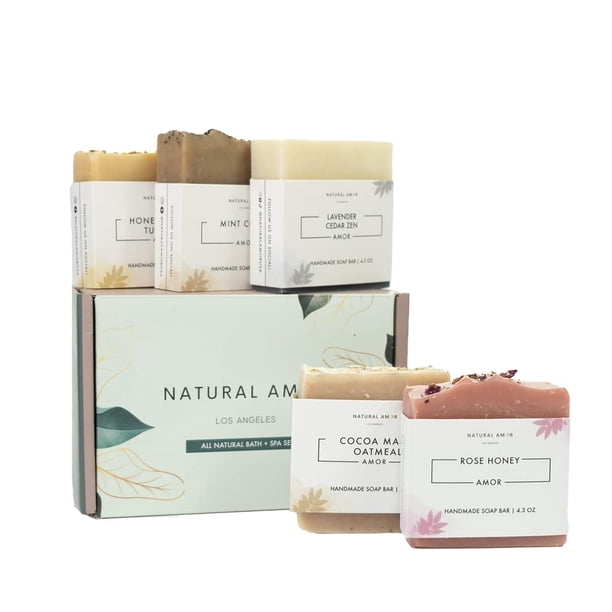Natural Amor Juego de jabón en barra natural (paquete de 5) Barra suave enriquecida con manteca de karité para todo tipo de piel Aceites esenciales Jabón perfumado hecho a mano Set de regalo para mu