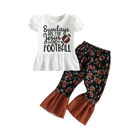 

Qtinghua Toddler Baby Girls Sunday Football Outfits Ruffle T-Shirt Tops and Rugby Flare Pants Clothes White 3-4 Years