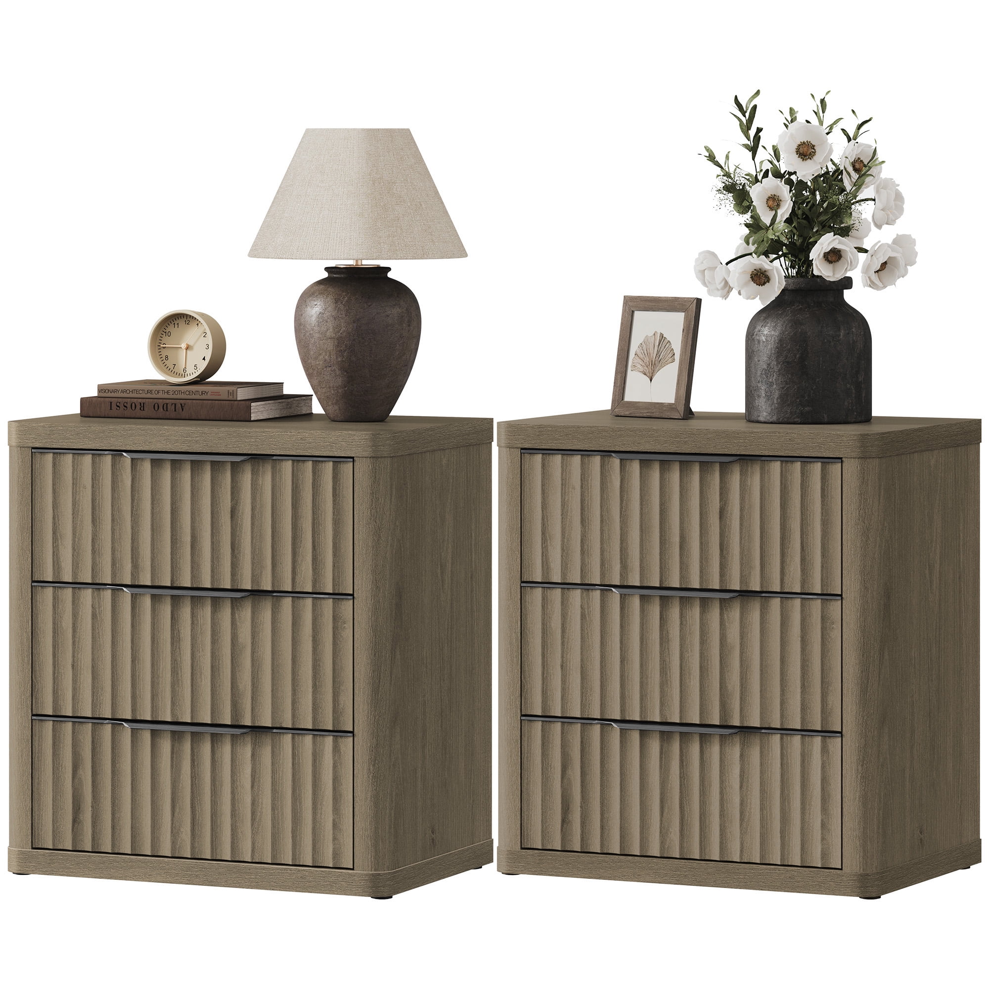 SICOTAS 26"H Tall Farmhouse 3 Drawer Nightstands Set 2, Small Modern Wood Bedside Table with 3 Fluted Drawers & Black Handles, Chest of Drawers, End Table for Bedroom Living Room Entryway, Grey Alder