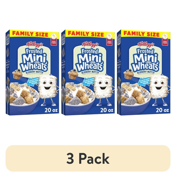 (3 pack) Kellogg's Frosted Mini-Wheats Blueberry Muffin Breakfast Cereal, 48g Whole Grain, Family Size, 20  oz