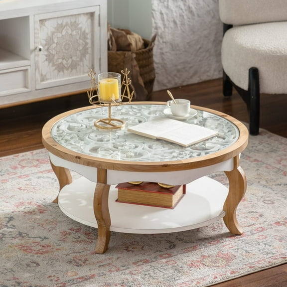 Round Wood Coffee Table with Glass Top, Solid Wooden Center Table with Curved Legs and Removable Tempered Glass for Living Room, Small Space Friendly