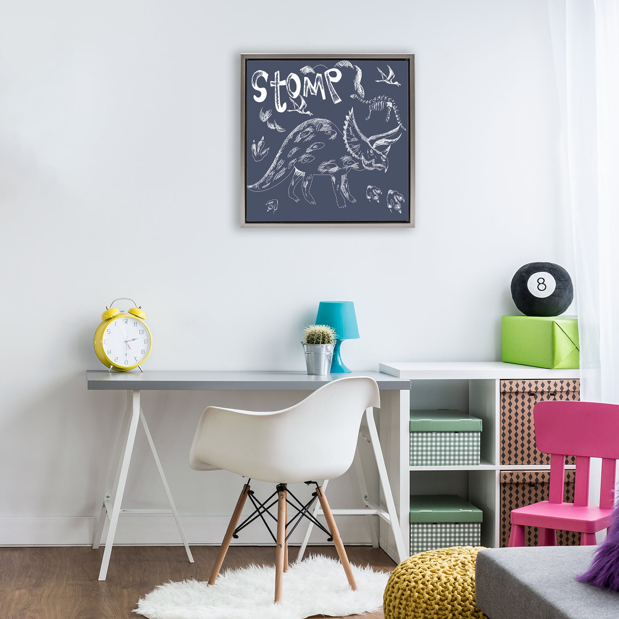 Sketchy Stomp Dinosaur Gray Framed Floater Canvas Wall Art, design by HUE and MI and Sangita
