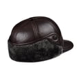 thumbnail image 3 of Genuine Cowhide Leather Faux Fur Caps Dad Warm Winter Hat For Men Velvet Flat-top Duck Tongue Ear Protection Outdoor Bomber Gorr ,Classic Vintage, 3 of 5