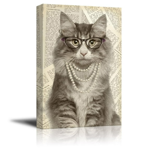 wall26 Creative Animal Figure on Vintage Paper Canvas Wall Art - Lady Cat Wearing Glasses Pearl Necklace - Giclee Print Gallery Wrap Modern Home Art Ready to Hang - 16x24 inches