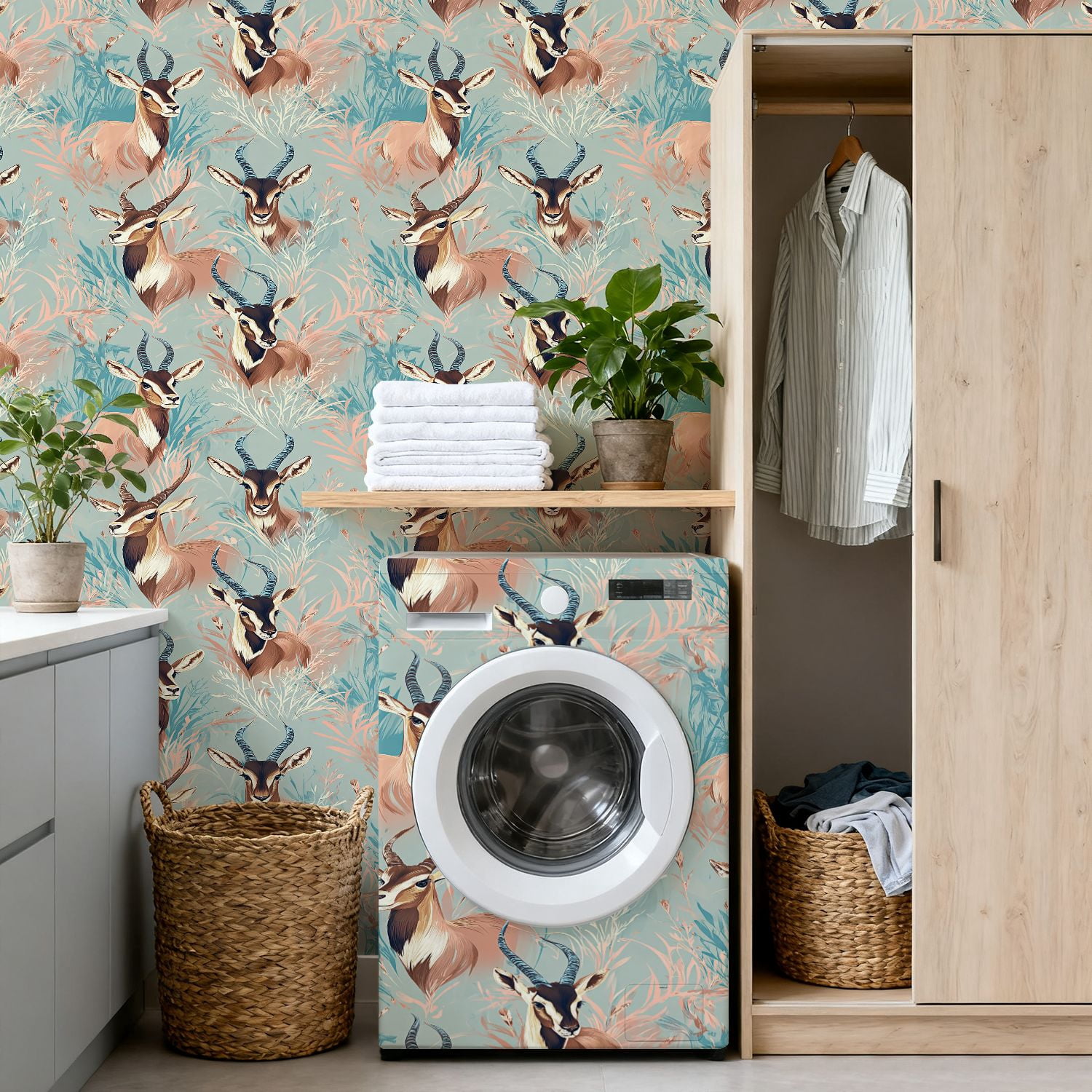 Peel and Stick Wallpaper Hunting Wildlife Antelope Botanical Pastel Blue Peach Wall Mural 17.7in x 9.8ft Self Adhesive Removable Wall Paper Renter Friendly Wallpaper for Nursery Bedroom Cabinets