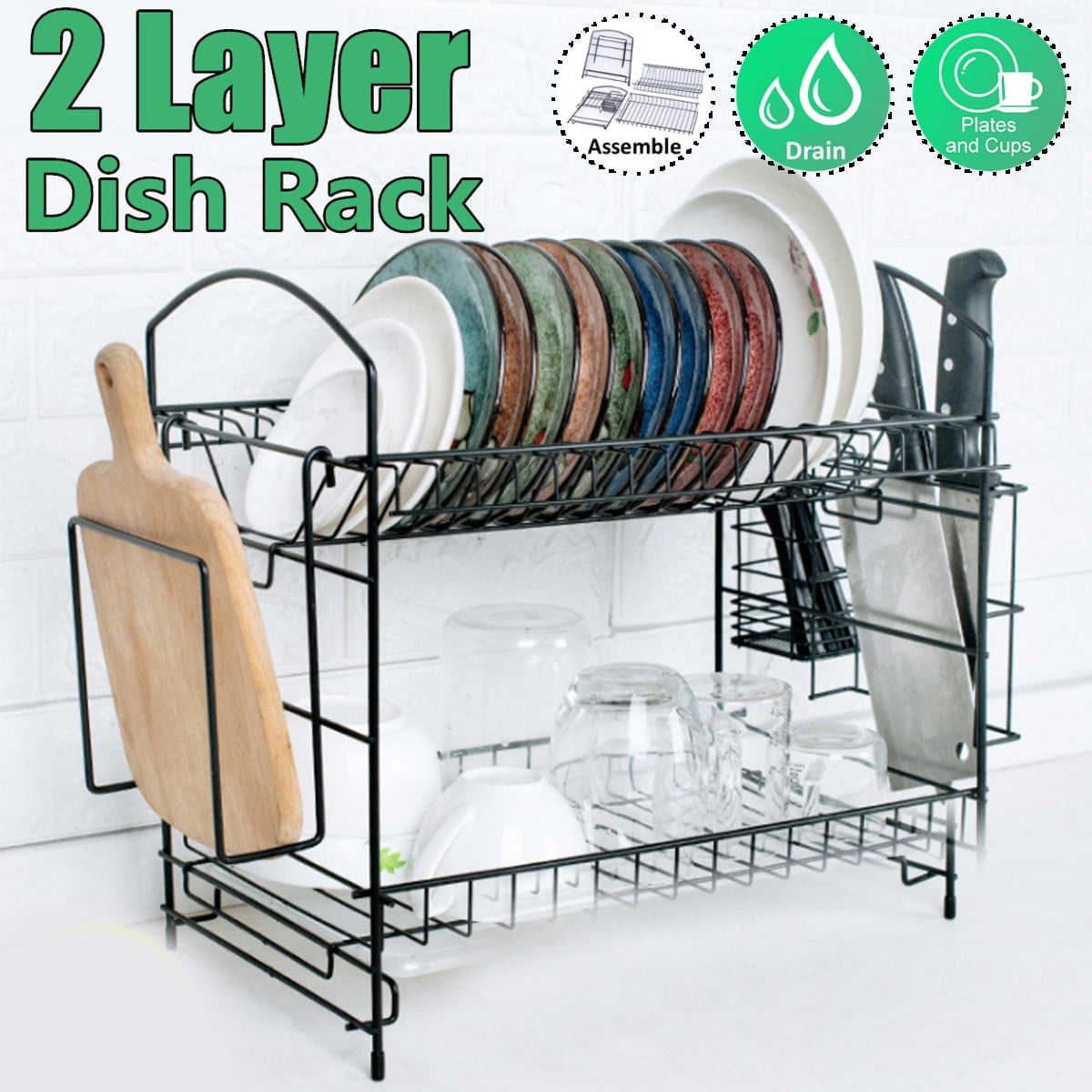2 Layer Dish Drainer Rack Cutlery Drying Holder Drip Tray Kitchen