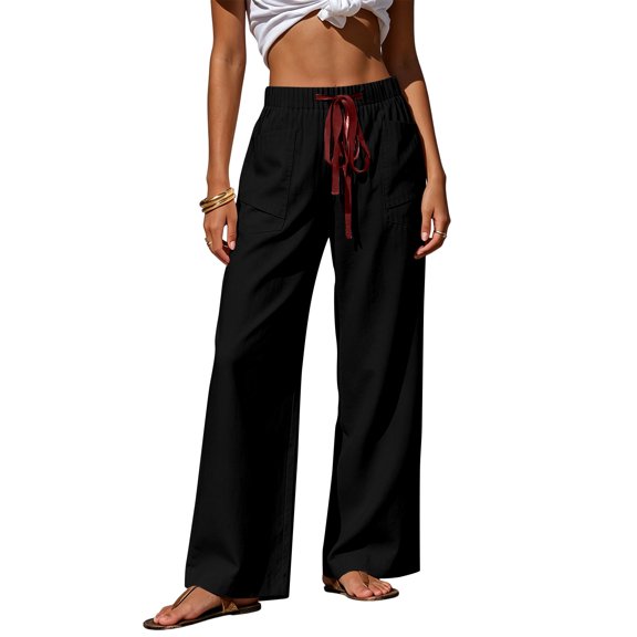 Women's Linen Wide Leg Pants Elastic Waist Drawstring Casual Trousers With Pockets For Summer Beach