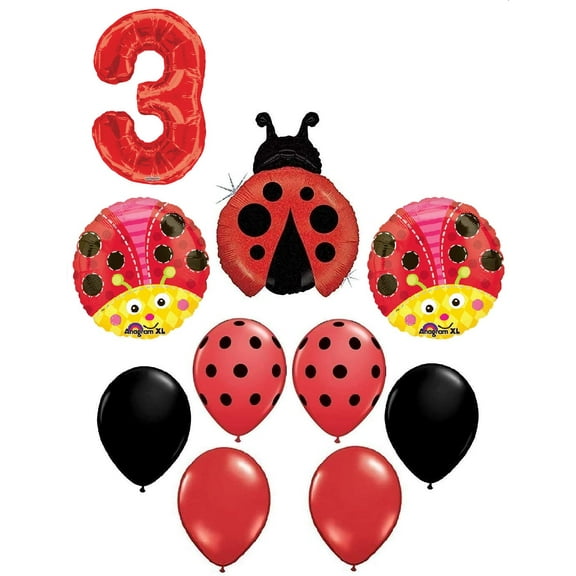 #3 3rd Ladybug Lady Bug Polka Dots Birthday Party 10 Piece Mylar and Latex Balloons Set Kit