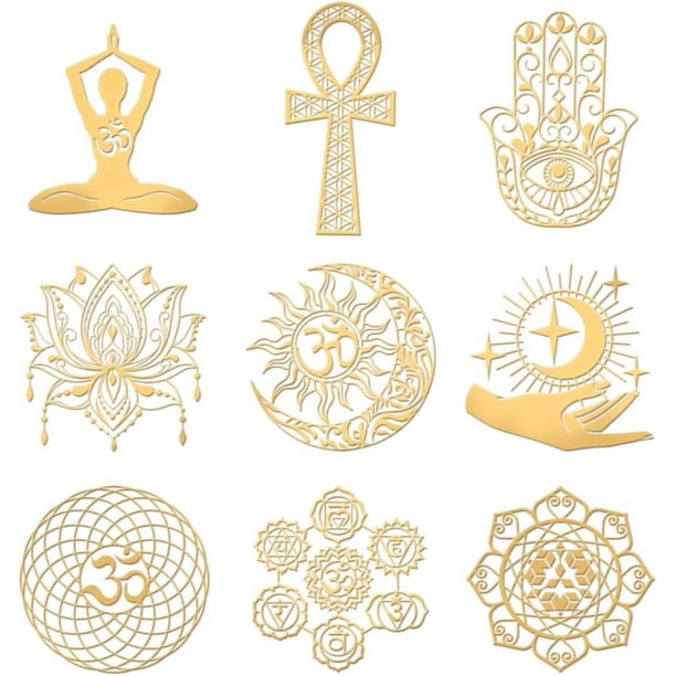 9 pegatinas autoadhesivas doradas de mandala de geometría sagrada de 4 x 4 cm - Pegatinas de metal dorado con diseño de luna y estrella