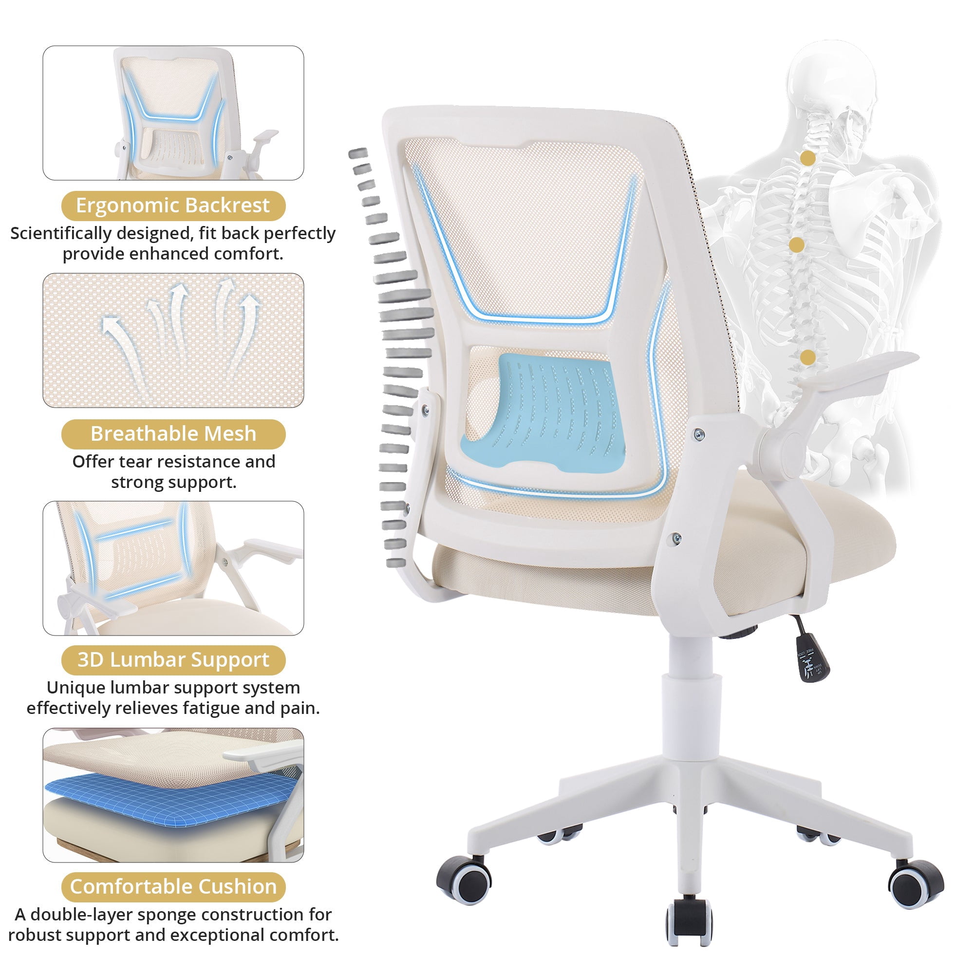 VECELO Mid-Back Swivel Adjustable Ergonomic Office Chair, Mesh Lumbar Support and Adjustable Arms Task Chair for Computer, Beige