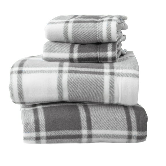 Soft Polar Fleece Plaid Sheet Set, 3-Piece Twin Size Sheets, Plaid Grey