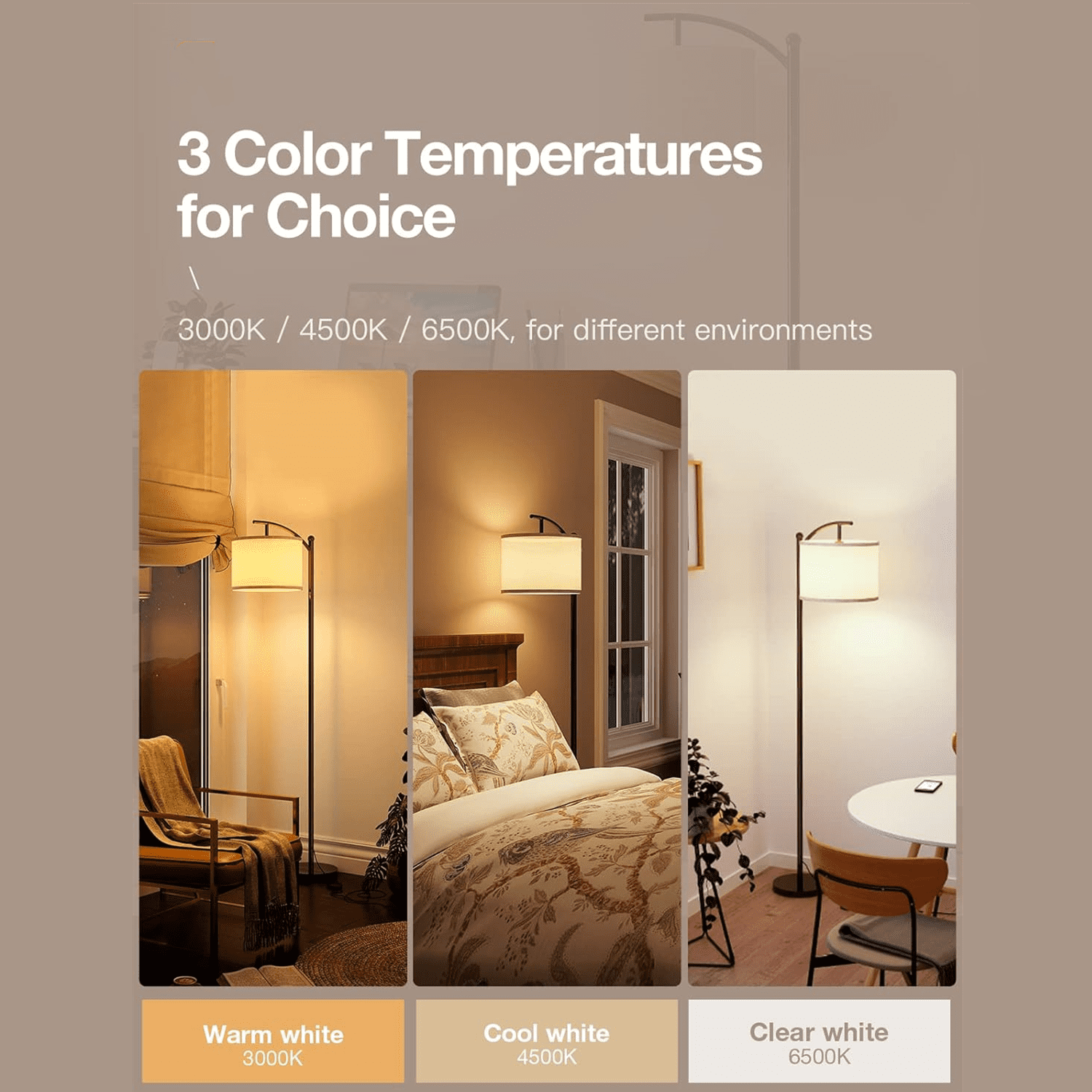 Floor Lamp for Living Room with 3 Color Temperatures, standing lamp with Linen lampshade for Bedroom, Office, Lamps with 9W LED Bulb Included - Black with Beige Lampshade