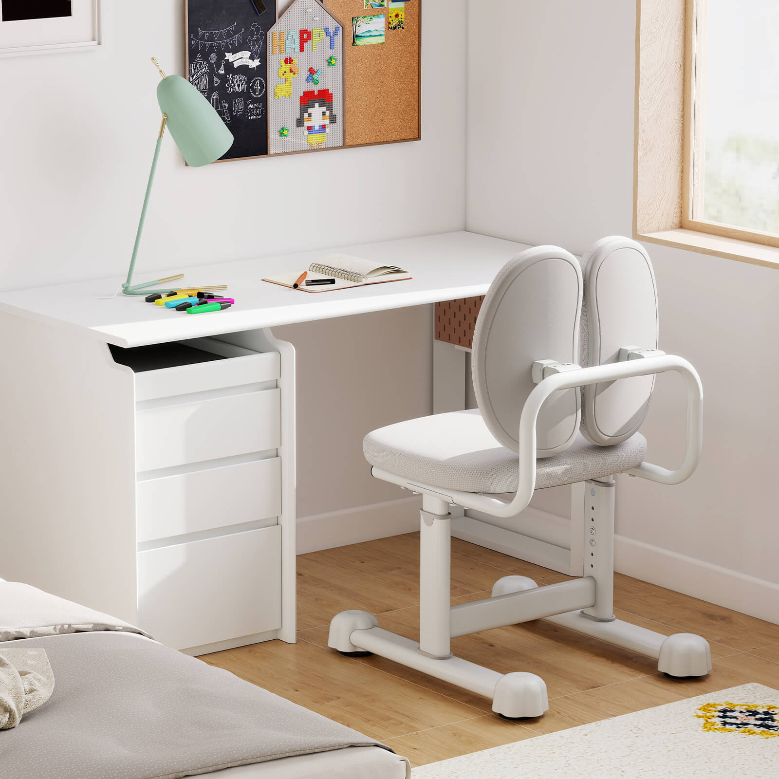 Costway Kids Desk Chair with Double Back Support Adjustable Height Upholstered Computer Chair Gray