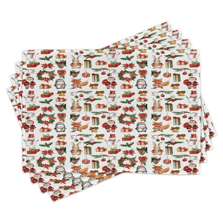 

Christmas Placemats Set of 4 Traditional Celebratory Icons Rabbits Santa Claus Pine Cones Boxes Candles Washable Fabric Place Mats for Dining Room Kitchen Table Decor Red Green Orange by Ambesonne
