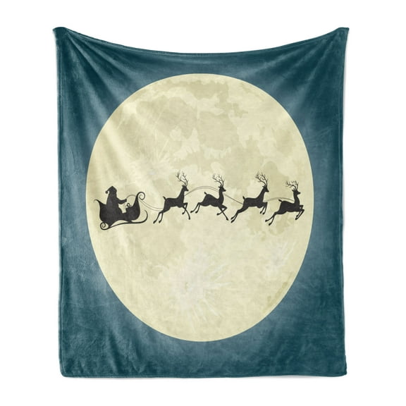 Christmas Soft Flannel Fleece Throw Blanket, Santa Claus Silhouette Riding a Sleigh with Deers in Front of Moon, Cozy Plush for Indoor and Outdoor Use, 50" x 70", Cream Night Blue Black, by Ambesonne