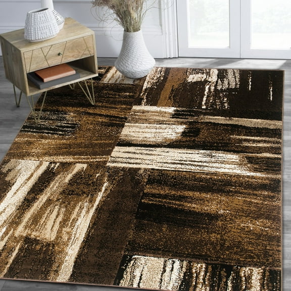 HR HANDCRAFT RUGS HR Chocolate, Beige, Gold, Abstract Modern Design Brush Pattern Colors Rug 2' x 3' Doormat