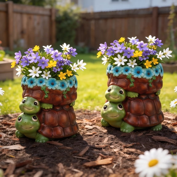 The Growing Ground 2 Pack Turtle Planter with Drainage Hole, Indoor Outdoor Cute Decorative Plant Pots, Desk, Garden, Gift for Plant Lovers, Blue