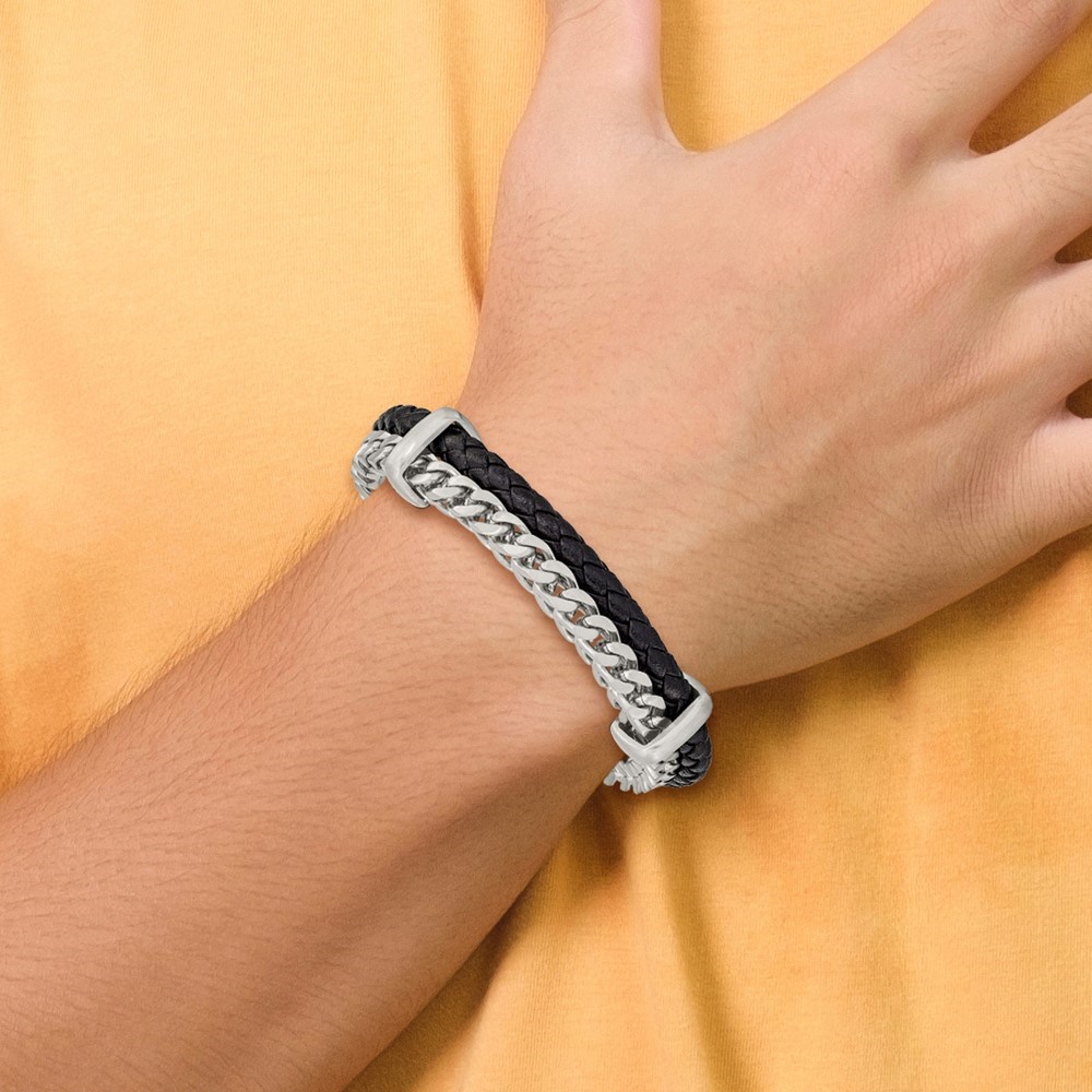 Diamond2Deal Stainless Steel Brushed Chain and Black Braided Leather Bracelet for Men with .5 In Ext 8"