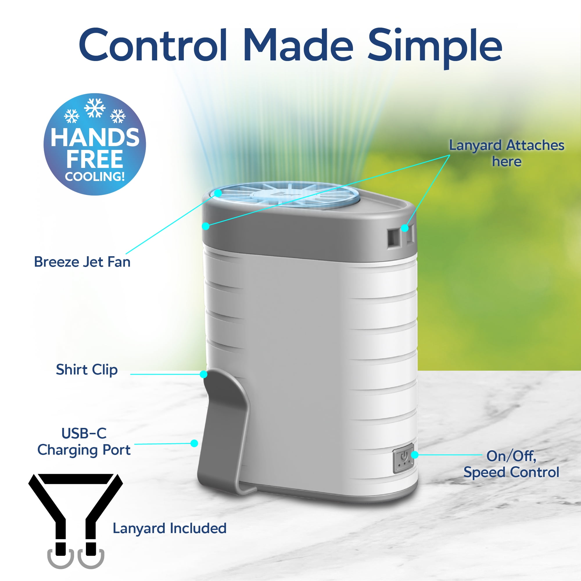 Arctic Air® Breeze Jet, Wearable Air Cooler, Portable Clip On Fan, USB Rechargeable, 3 Speeds