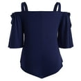 thumbnail image 7 of Olyvenn Women's Trendy Plus Size Ruched Blouses Sales Asymmetric Cold Shoulder Shirts Oversized Loose Casual Tunic Blouse 2023 Fashion Summer Halter Sling Short Sleeve Tees Solid Tops Navy 20, 7 of 7