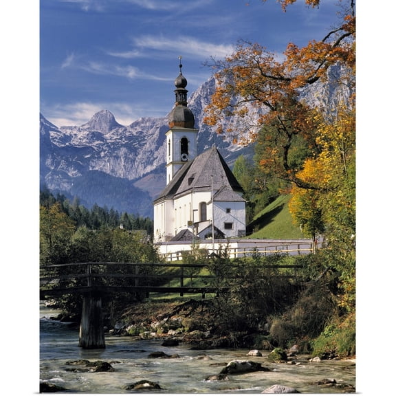 Great BIG Canvas | Rolled Ric Ergenbright Poster Print entitled Germany, Ramsau. The Ramsauer Ache flows by church