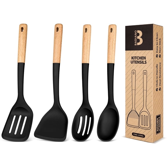 Badiano 4 Pack Wood Handle Silicone Kitchen Cooking Utensils Set for Nonstick Cookware Surface,Black