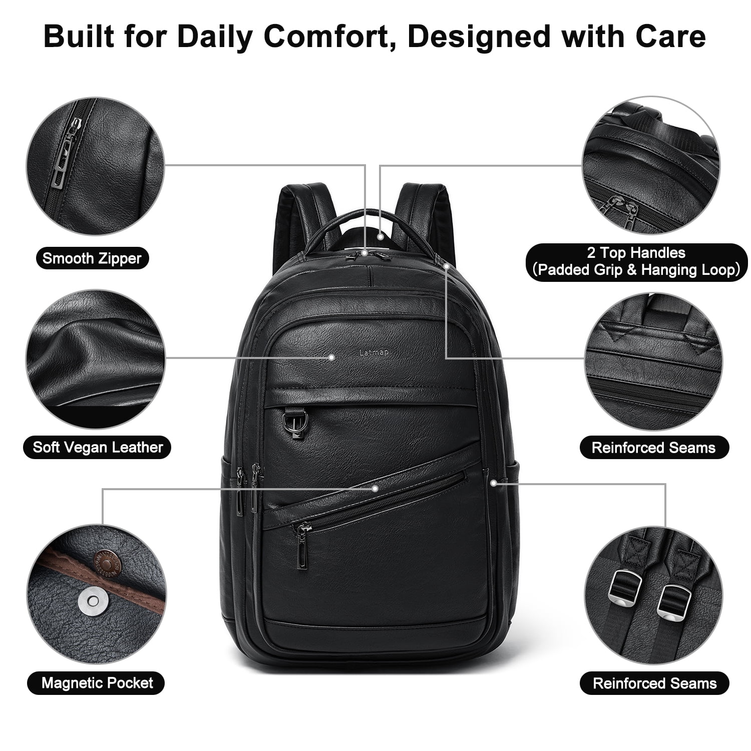 43L Vegan Leather Backpack for Women & Men, Travel Carry On Backpack, College Bookbag, Work Laptop Backpack fits 17 inch Laptop，Black