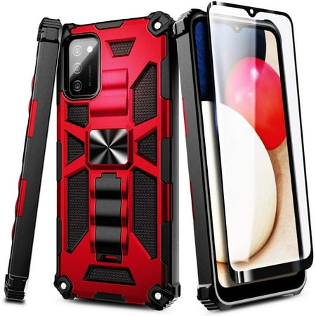Nagebee Phone Case for Samsung Galaxy A02S with Tempered Glass Screen Protector (Full Coverage), Full-Body Protective Shockproof [Military-Grade], Built in Kickstand, Heavy-Duty Durable Case (Red)