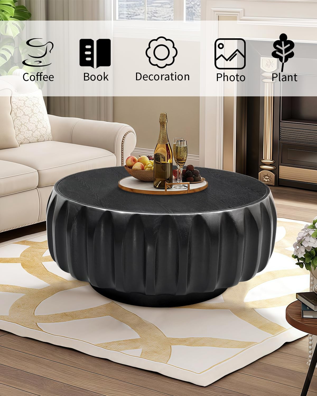 31.5" Round Drum Coffee Table, Fluted Design with Black Solid Wood Veneer for Contemporary Living Room