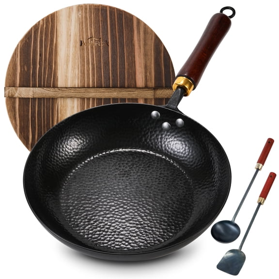12.2 Inch Pre-Seasoned Cast Iron Flat Wok Set with Wooden Lid, All-In-One Chinese Stir-Fry Pan, Detachable Anti-Scald Handle, Induction & Gas Ready, Healthy Physical Nonstick Wok with Spatula & Ladle