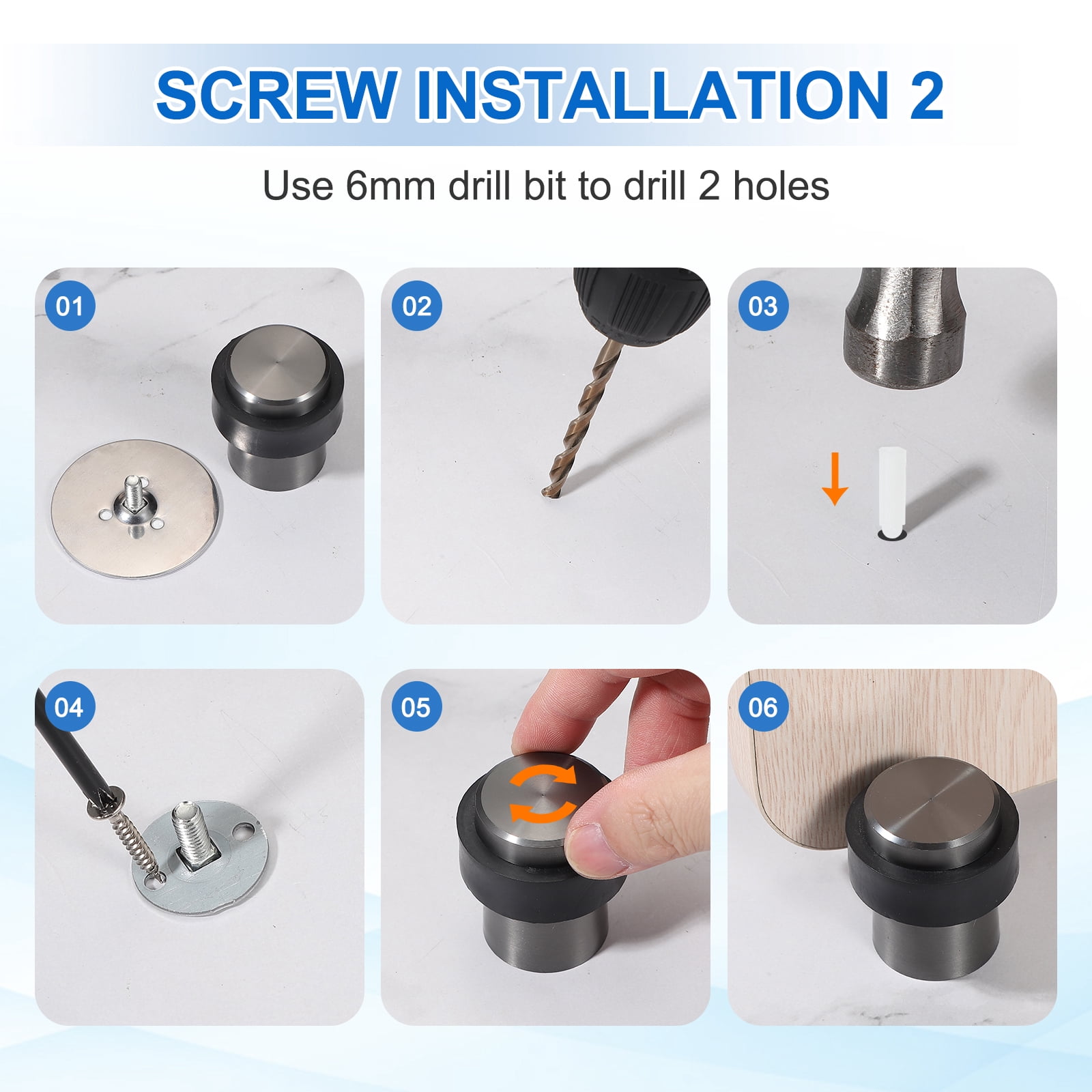2Set Round Door Stoppers, 60mm Stainless Steel Door Stop Doorstop Wedge Metal Cylinder Self Adhesive with Screw for Bottom of Door Floor Inside, Gray