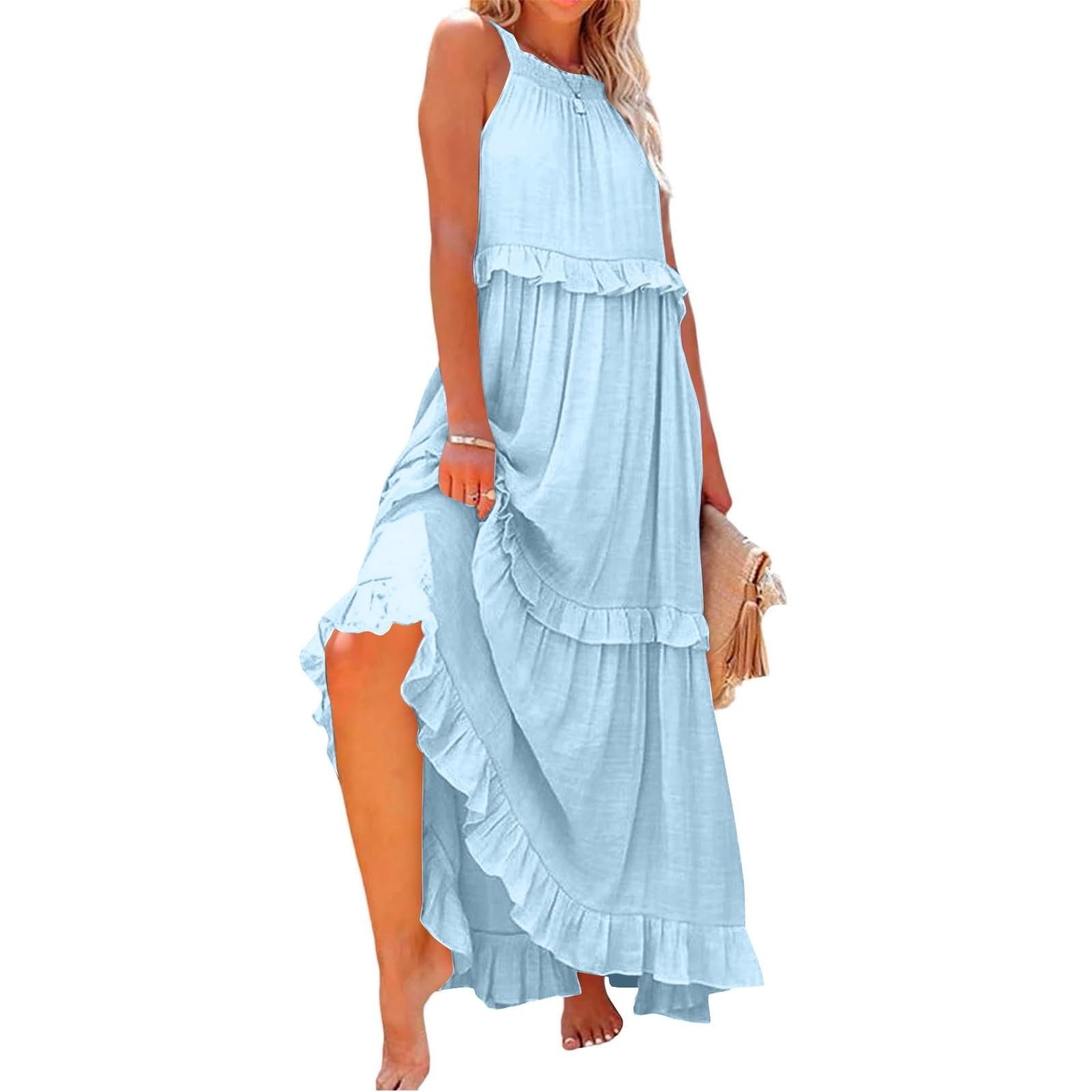 LVHAOGJOB Summer Midi Dress for Women Strap Causal Sleeveless Dress with Pockets Elegant Loose Mujers Sundress V Neck