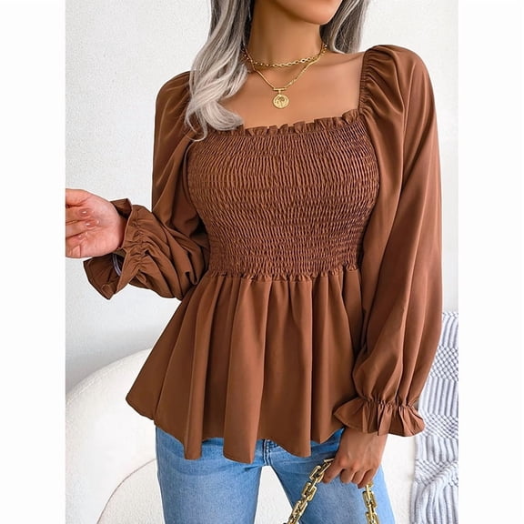 ZOELNIC Women's Peplum Tops Square Neck Ruffle Trim Long Sleeve Blouse Smocked Top Dressy Casual Shirts, S